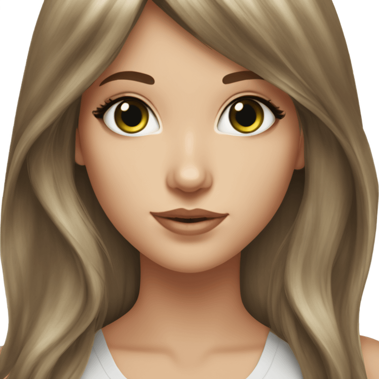 White girl green eyes with long length voluminous brown hair with brown highlights balayage bangs emoji