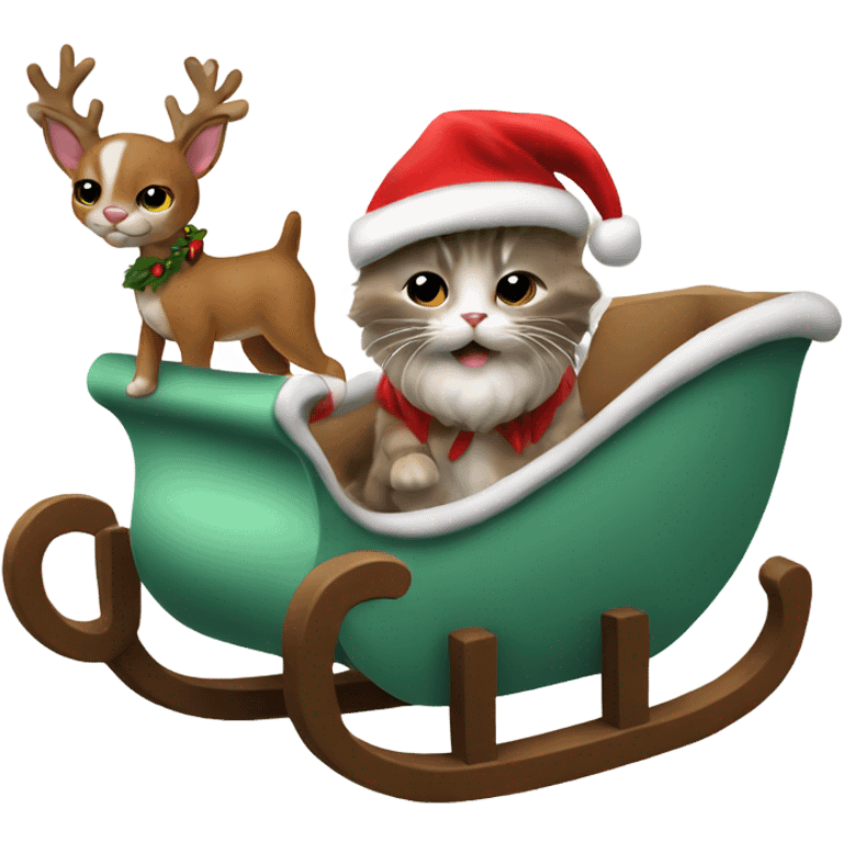 Brown oyster kitten and reindeer pulling santa sleigh emoji