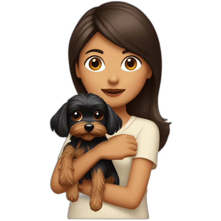 Chica morena paseando con dos yorkshire terrier negros emoji