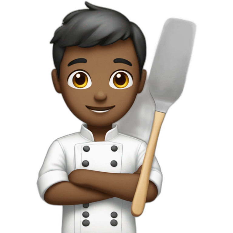 Boy with blue eyes in chef outfit holding a spatula emoji