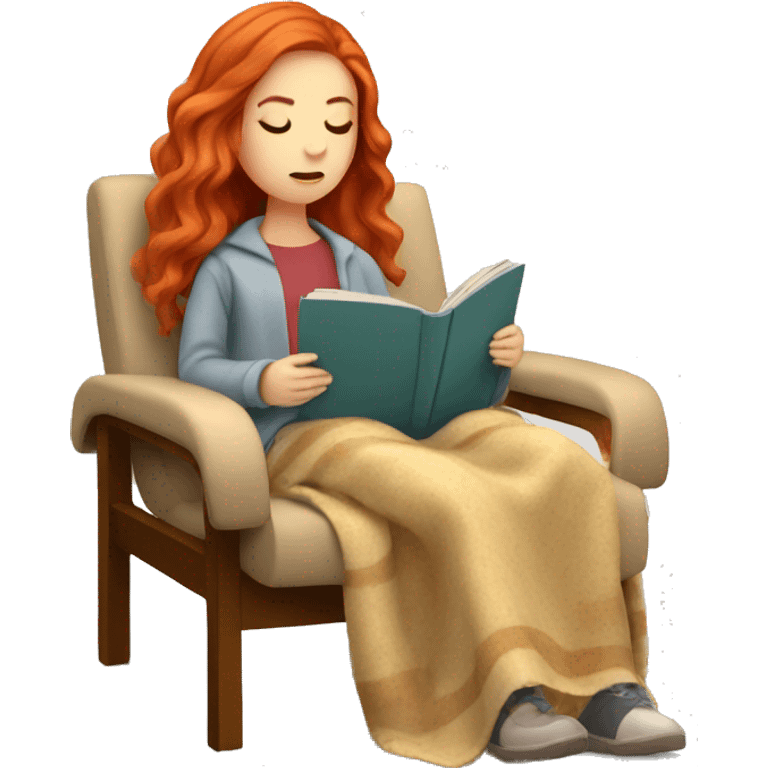 Red hair girl in a chair with blanket reading  emoji