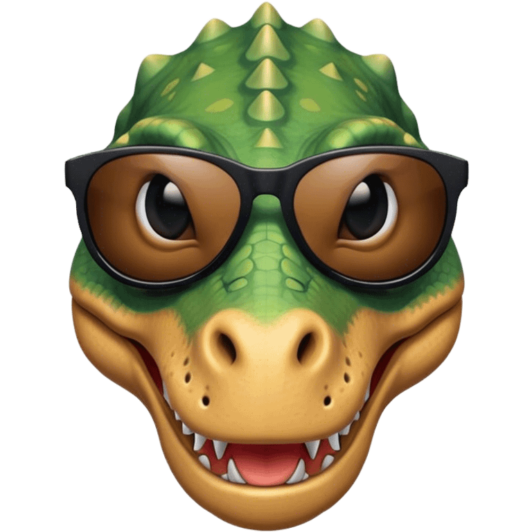 face of a dinosaur with cool black sunglasses on emoji