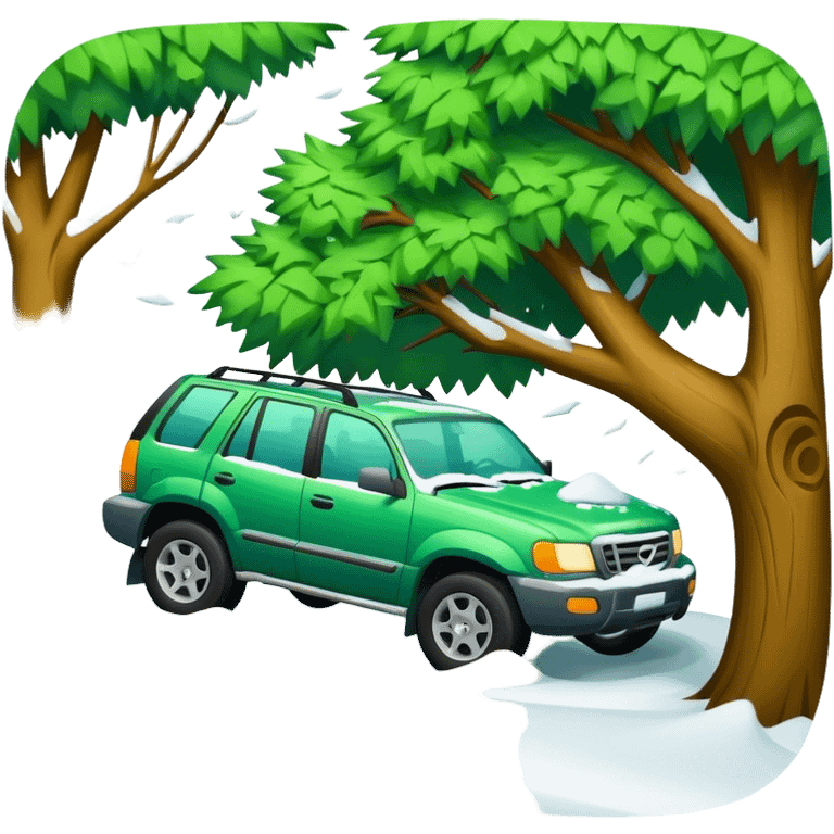 Green suv hit a tree in the snow  emoji