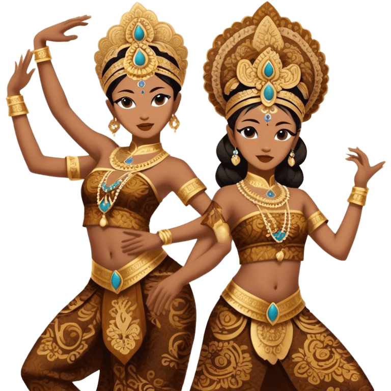 ​Cinematic Realistic Traditional Javanese Dancers, depicted as two graceful dancers in ornate traditional costumes with intricate batik patterns and elaborate headpieces, captured in dynamic poses during a ritual dance in an ancient temple courtyard, rendered with soft golden lighting and rich cultural textures, emoji