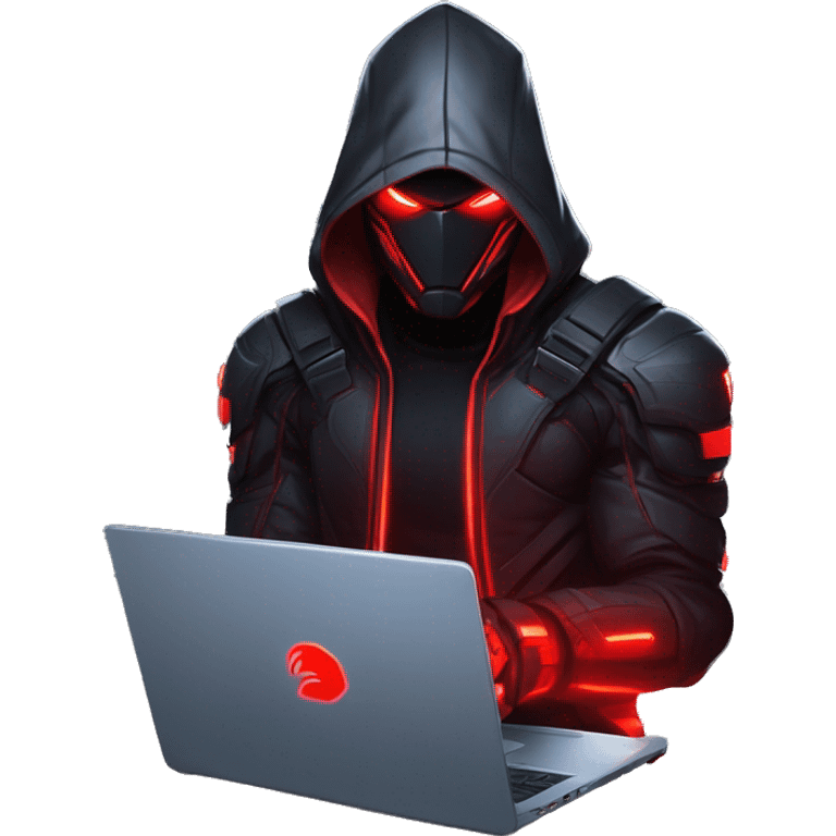 developer behind his laptop with this style : crysis Cyberpunk Riot Games Valorant neon glowing bright red character red dark black hooded assassin themed character emoji