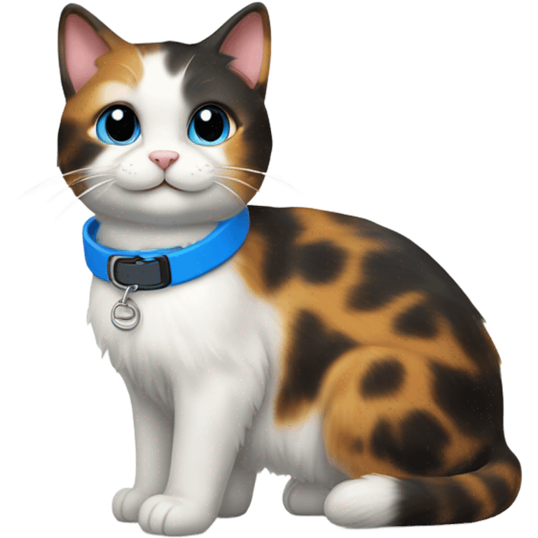 happy cute tortoiseshell white cat with blue cat collar full body  from half side perspective  emoji