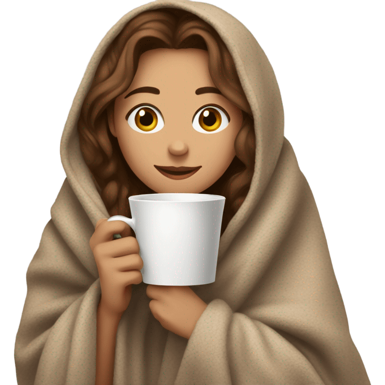 Brown hair Girl drinking coffee, with a cozy blanket emoji