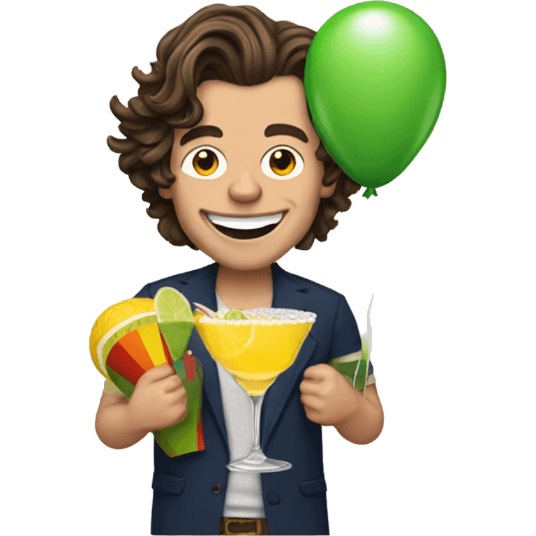 harry styles with a birthday hat holding a margarita and a balloon emoji