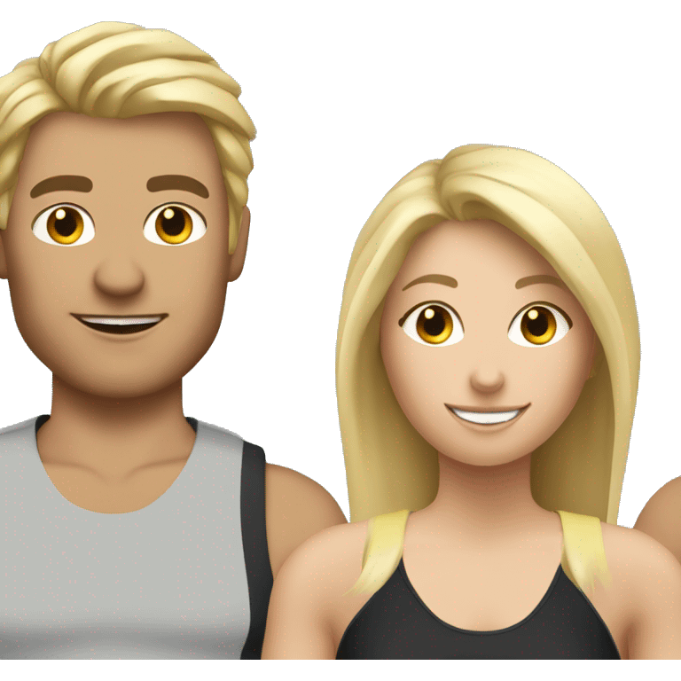 Personal trainer with sandy blonde hair and two clients one male one female emoji