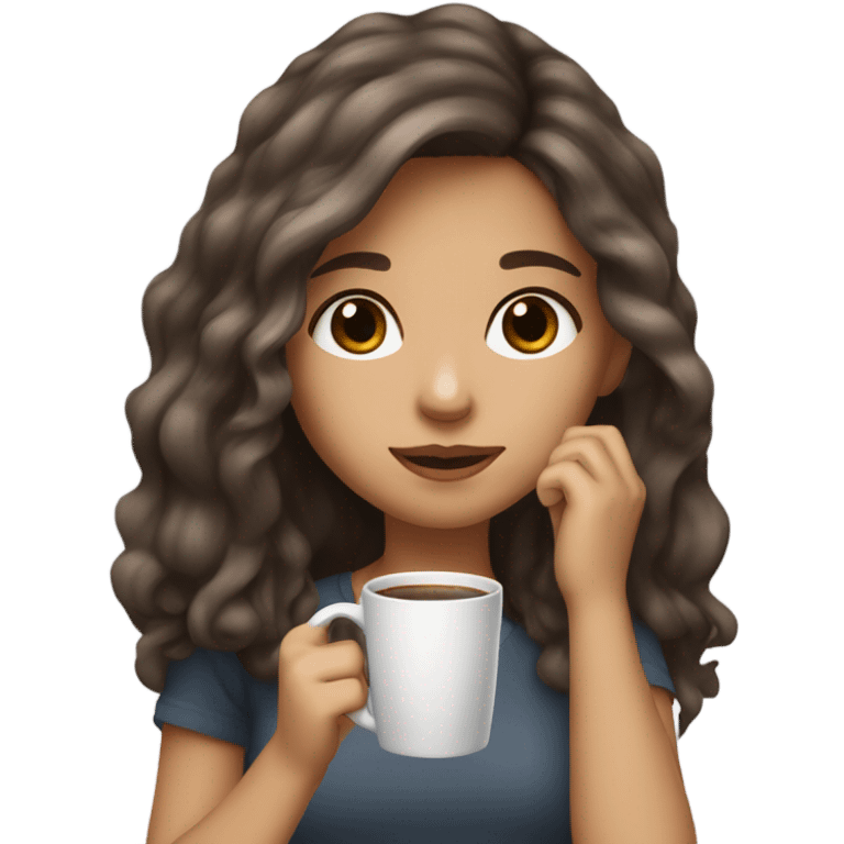 A girl with brown hair with dark gray highlights, fair skin, long, soft, beautiful hair, soft lips, brown eyes, drinking coffee, and a small nose. emoji