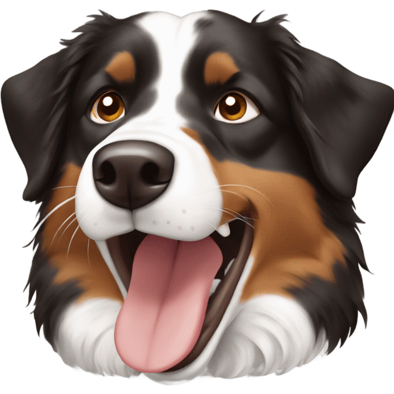 Black and brown and white Australian shepherd with open mouth emoji