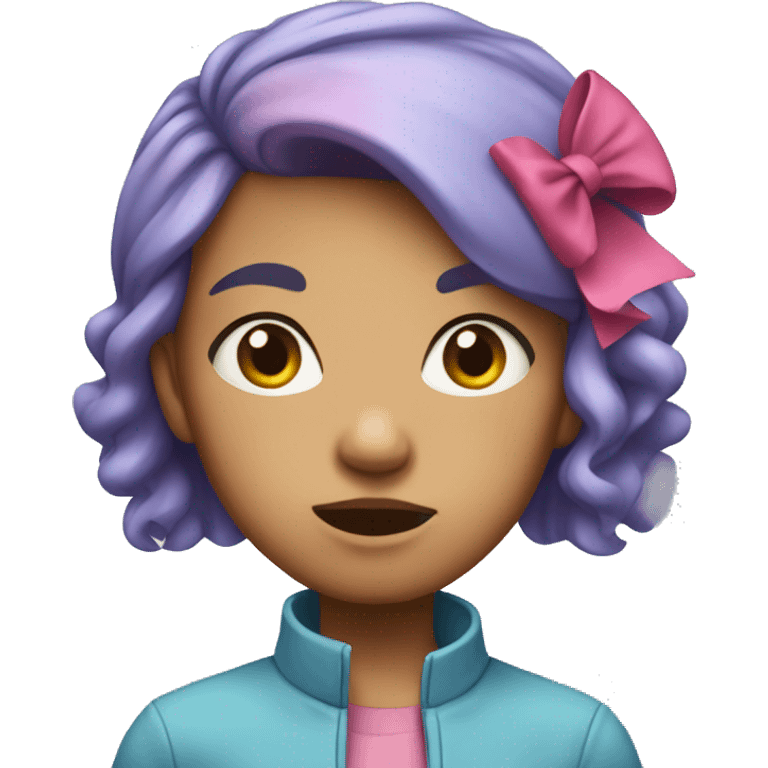 girl with bright pink hair and a blue headband with a bow. she has a slightly angry expression and a light blue jacket.  emoji