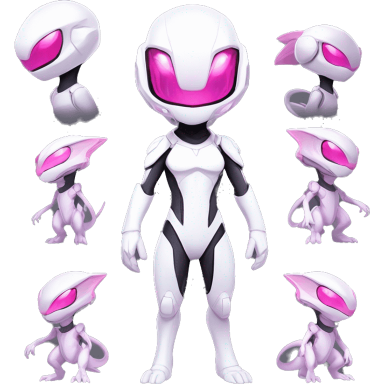 White, Chibi-style, White body, Anthro-Sona-Lizard-Alien-Salazzle-Mew-Mewtwo-Fakémon, with pink eyes, with a futuristic visor-helmet, wearing a techwear-suit, Full Body emoji