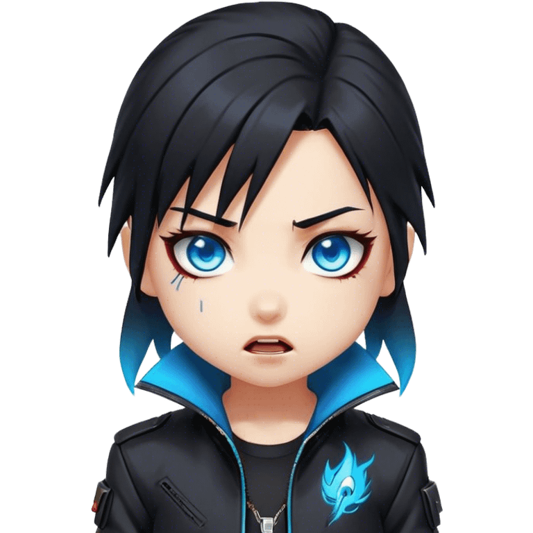 Black hair cyberpunk 2077 chibi girl with blazing blue eyes and black jacket. All emotion reactions emoji