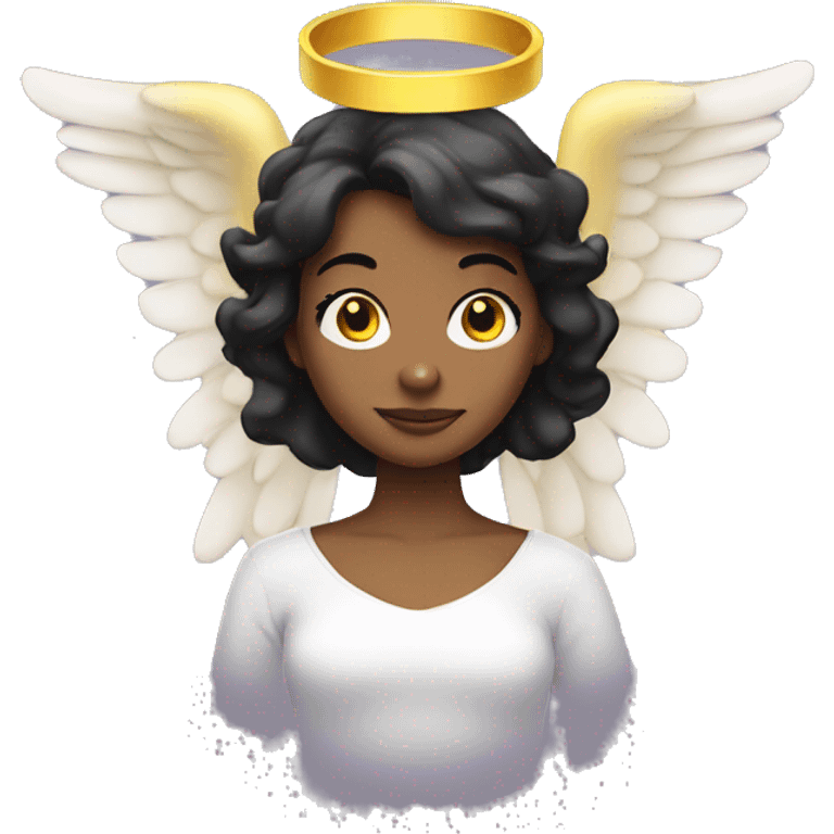 yellow round emoji of a naughty-looking dark-haired young woman with an angel halo on her head emoji