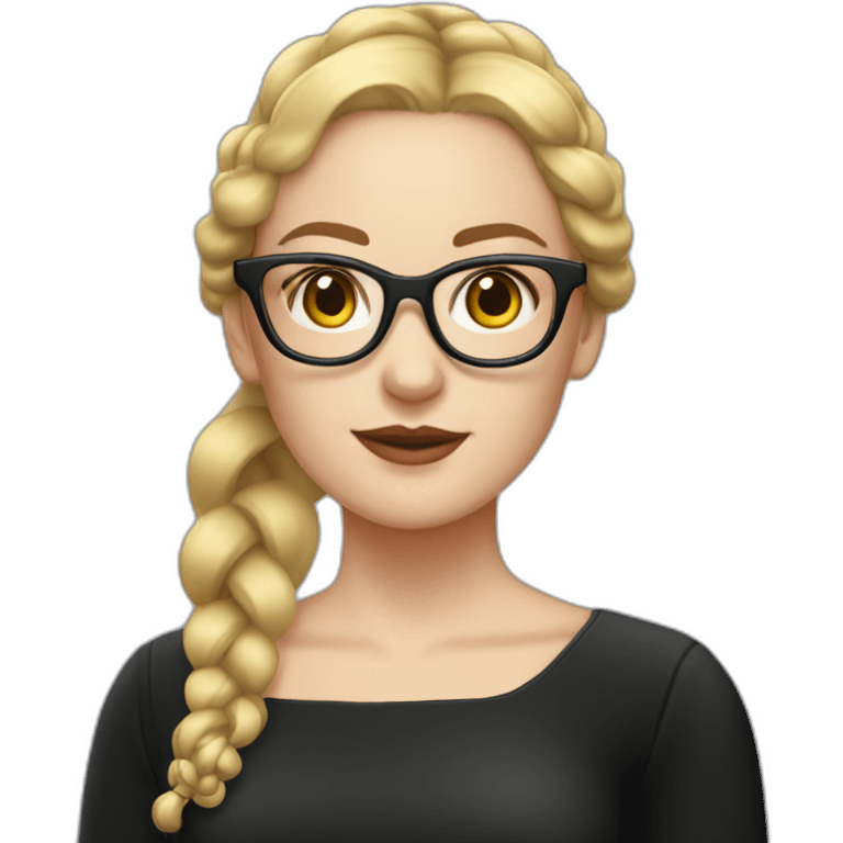 white woman with blonde pigtail braids and large dark rimmed glasses and a square neckline black dress emoji