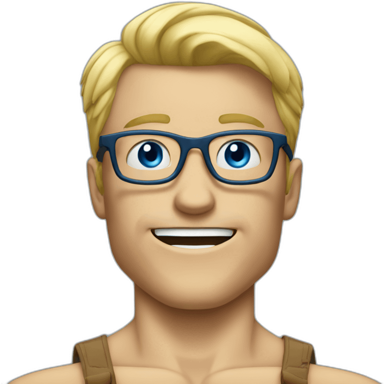 Blond man glasses muscle blue eyes eating big hazelnut emoji