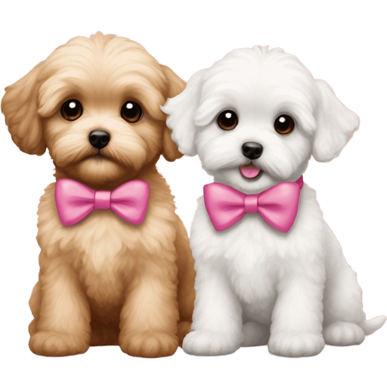 2 maltipoo puppies one golden red colored and one brown colored both with pink bows emoji