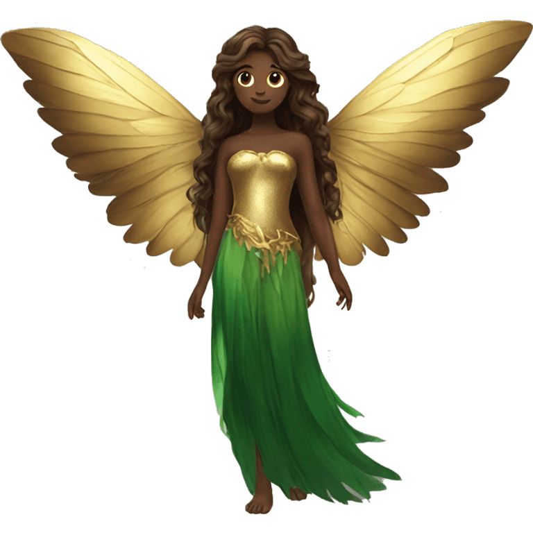 big wings, Beautiful, fairy, gold, brown, dark green, green, long hair emoji