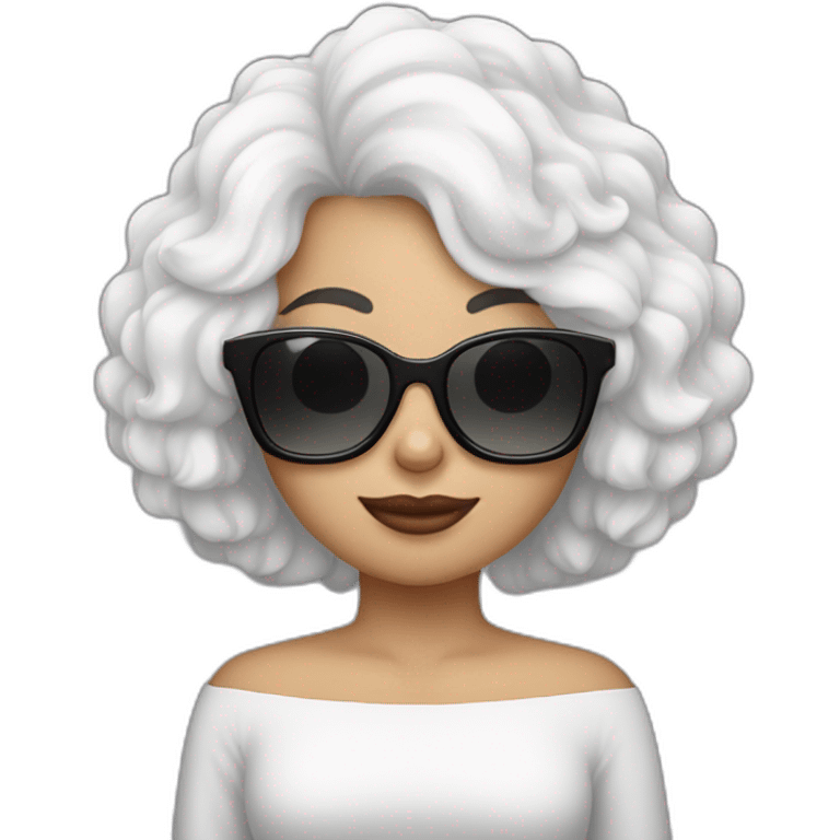 mujer con gafas pelo negro tomado y perro bichon blanco emoji