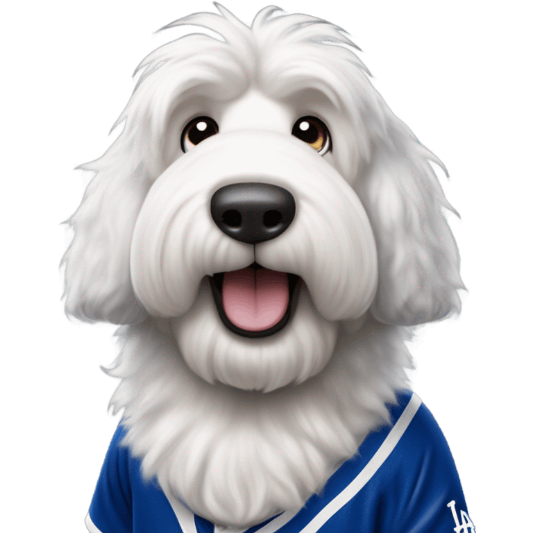 Old English Sheepdog full height wearing a Los Angeles dodgers baseball jersey emoji