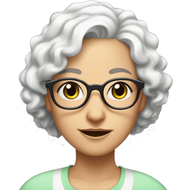 female, short curly white hair, old, wrinkles, glasses, big round visible ears, marked scar cheek, green eyes,  emoji