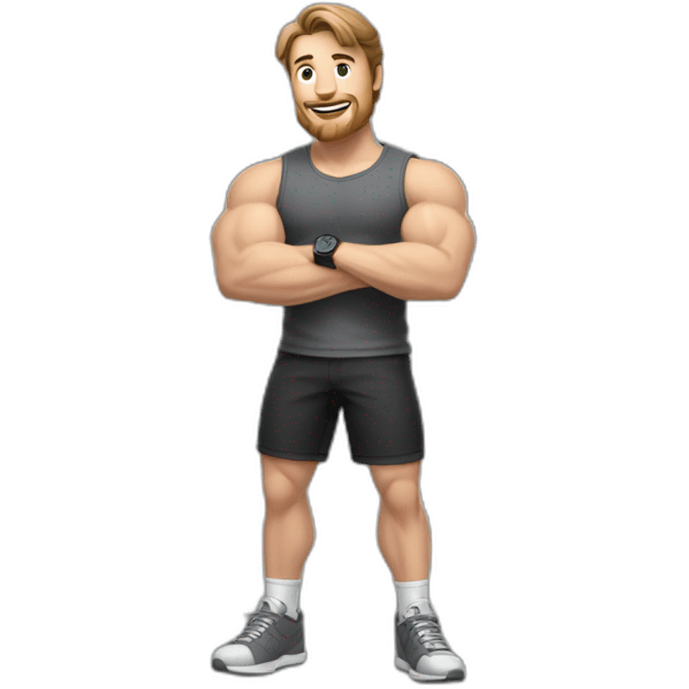 Full height realistic Actively gesturing with hands Pale skinned Fit Man With the biceps and brown hair in dark gray Sleeveless Mike, black oversize sports shorts, watch and white Sneakers emoji