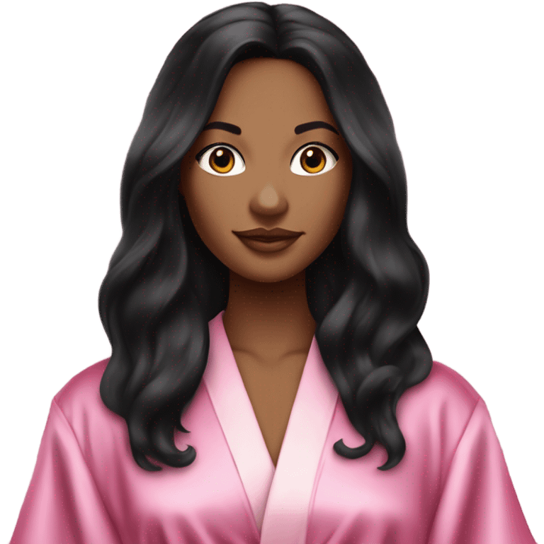 Mixed raced woman with long black hair wearing a silk pink Victoria’s Secret robe emoji