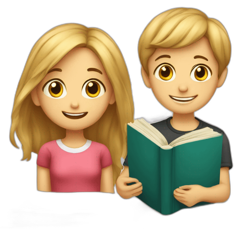 boy and girl of seven years old with an English textbook emoji