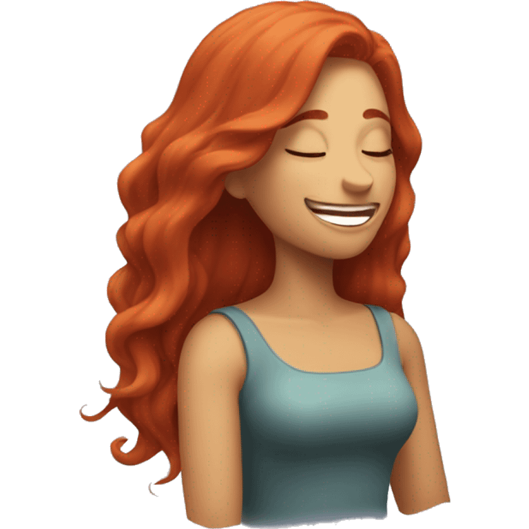  woman with long red hair gently chuckling, happy, eyes closed, subtle laughter, 3/4 view emoji