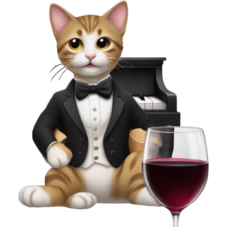 kitten playing piano in a tuxedo while drinking wine emoji