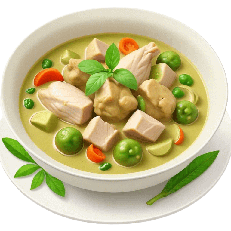 Green Chicken Curry Cinematic Realistic Green Chicken Curry Dish Emoji, depicted as tender chicken chunks simmered in a fragrant green curry sauce with vegetables, rendered with vivid textures and dynamic, vibrant lighting. emoji