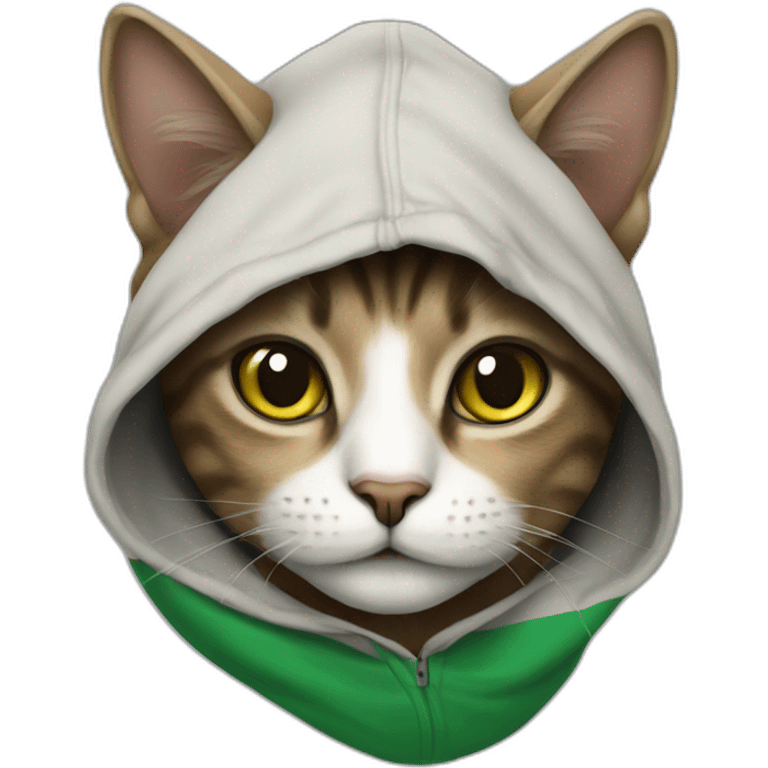 a cat wearing a hoodie with Palestin flag emoji