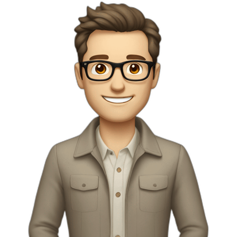 Joyful Pale skinned Fit Man With dark brown hair in gray jacket, beige office shirt, Brown pants and vintage glasses. His thrumbs up emoji