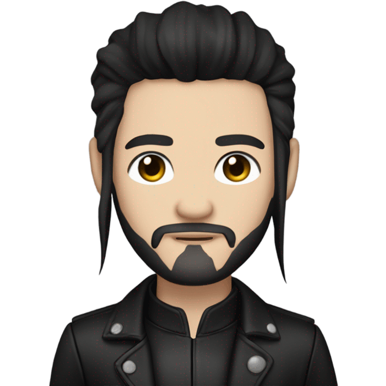 Chinese Man with pale skin, very long black hair, black goatee, square jawline, eyeliner, black leather jacket, black pants, black shirt and pentacle necklace emoji