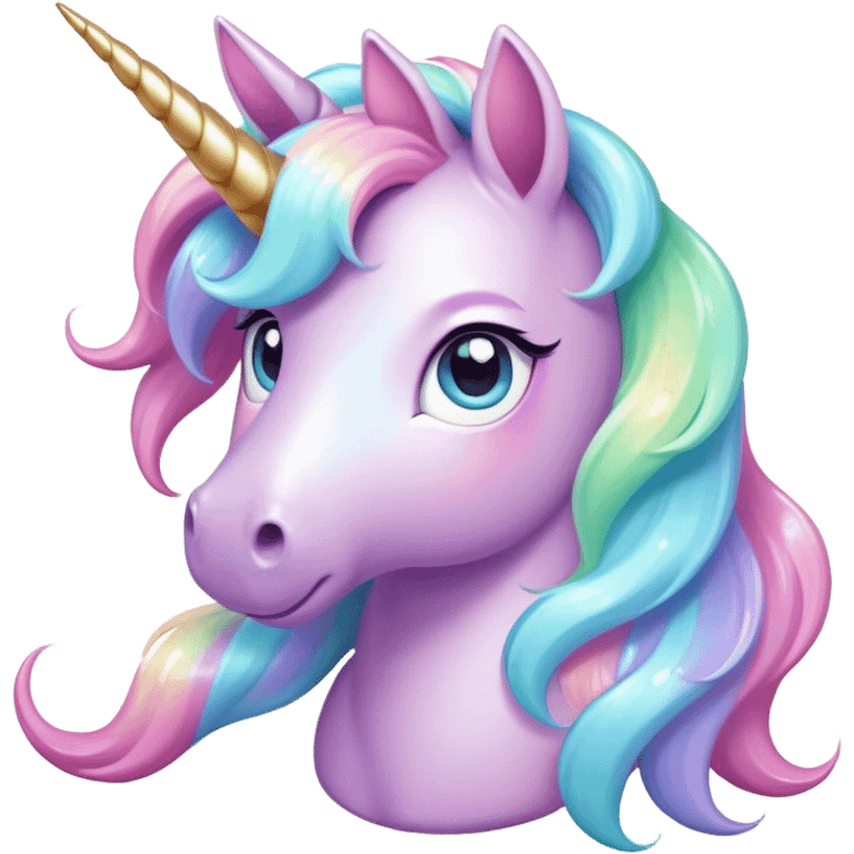 Cinematic pastel-colored unicorn, flowing iridescent mane, big sparkling eyes, tiny rounded hooves, soft chubby cheeks, delicate magical glow surrounding, enchanting and dreamy. emoji