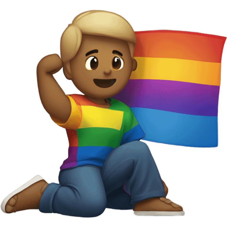 Full body Person holding fist up kneeling on ground rainbow flag behind emoji