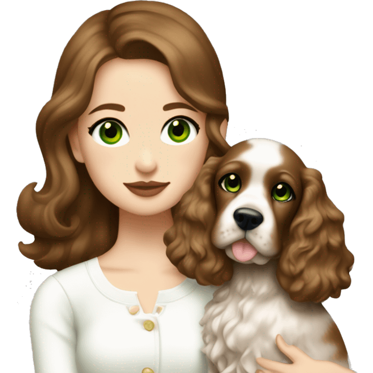 Girl with brown hair and plump lips and green eyes wearing white miu miu longsleeve hugging brown cocker spaniel emoji