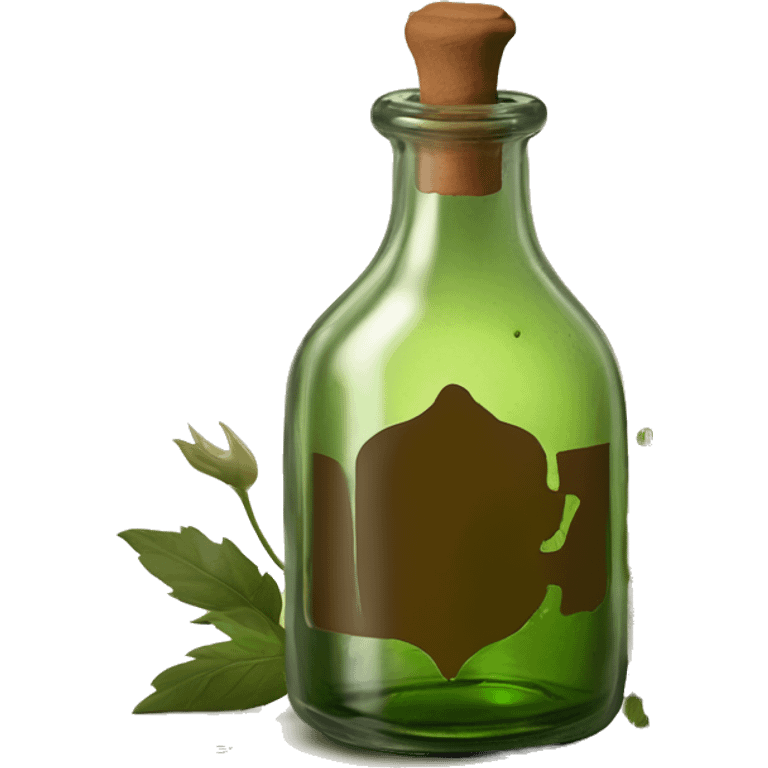 Mysterious Alchemical vintage glass potion bottle, exquisite bottle shape, old and shabby, with label, stylish and minimalistic, brown and shabby-green, oil potion is poured out of the bottle, herbal, flowers and oil is spilled next to it emoji