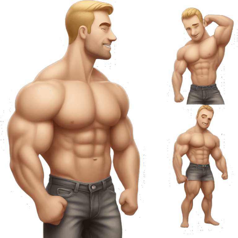 Muscular Caucasian gay bodybuilders kissing realistic emoji