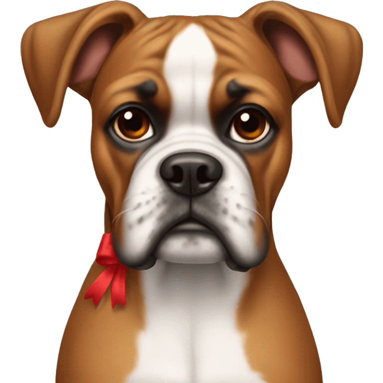 Boxer dog with a red bow on her neck and no bow on her head emoji