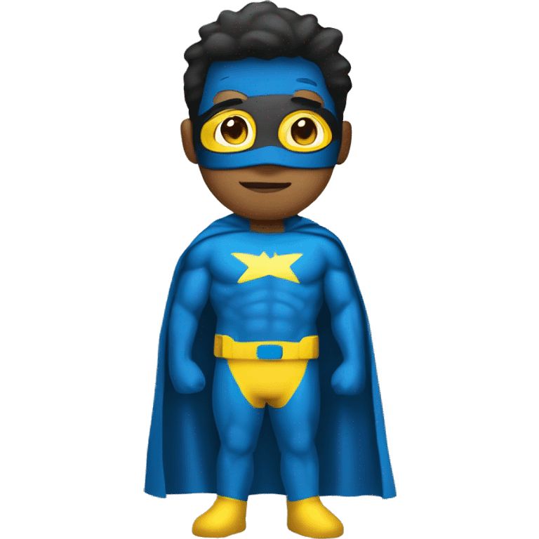 Superhero wearing a yellow and blue suit. He should have a distinctive yellow visor-style mask covering his eyes, shot black hair. heroic expression. emoji