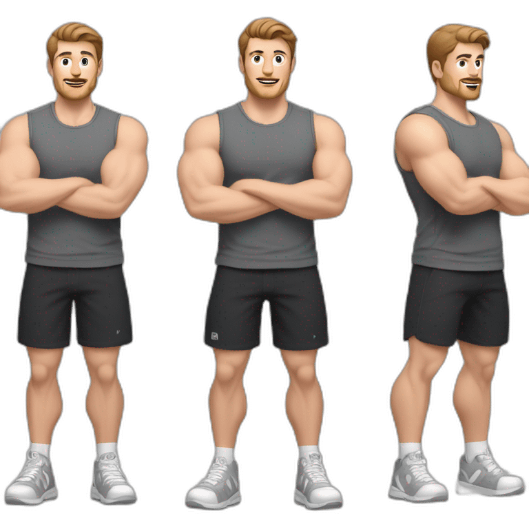 Full height realistic Actively gesturing with hands Pale skinned Fit Man With the biceps and brown hair in dark gray Sleeveless Mike, black oversize sports shorts, watch and white Sneakers emoji