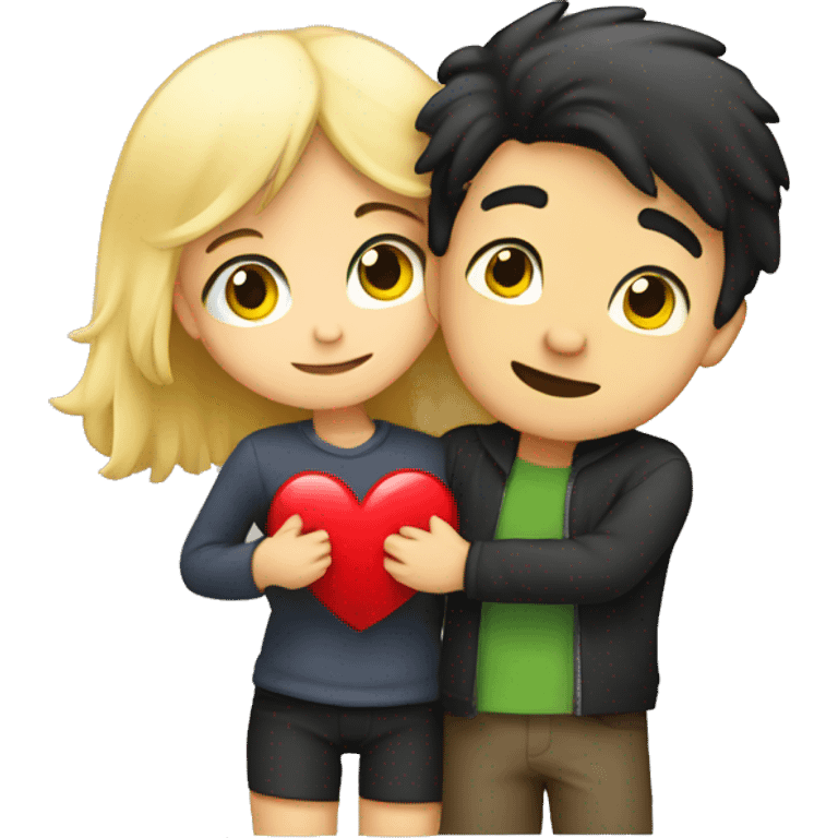 Dark hair Boy hugging a blonde girl qith heart behind emoji