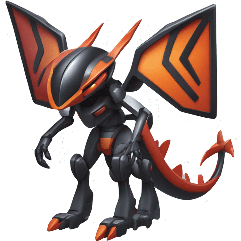 a shiny metallic black-red-orange Genesect-Flygon-Raptor-Fakémon-Medabot-hybrid with a futuristic visor-helmet full body emoji