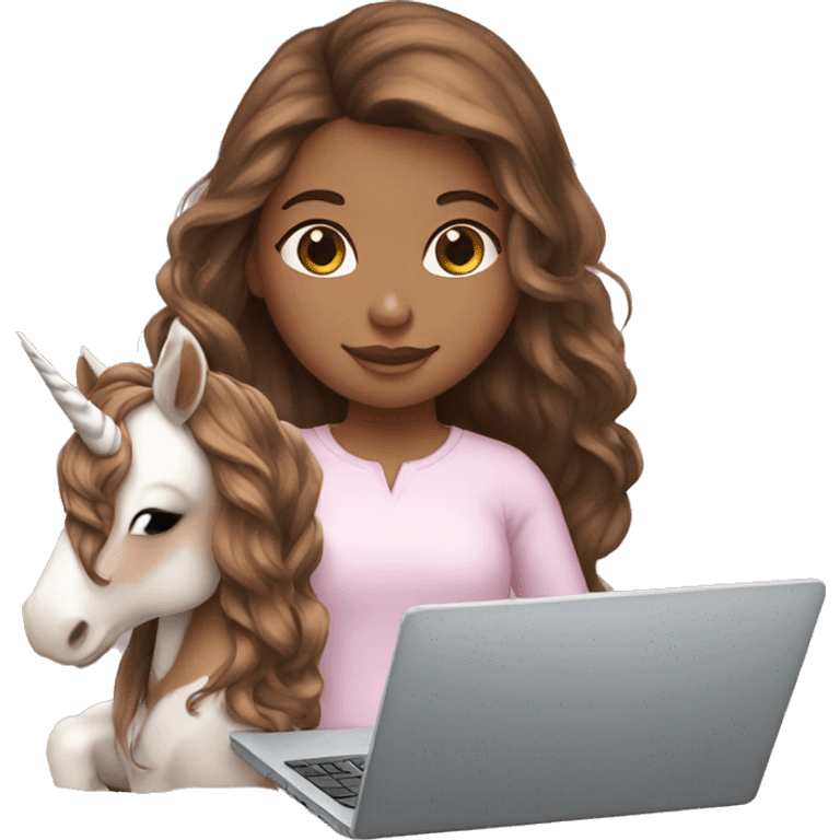 Brown hair girl holding a unicorn and a laptop emoji