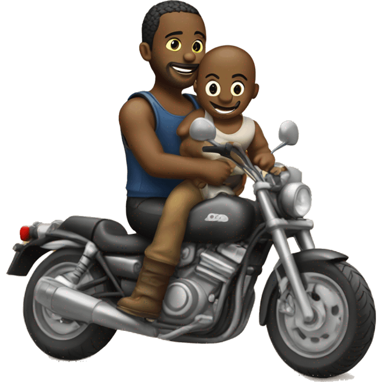 man with motorcycle and baby on back.  on dirt road emoji