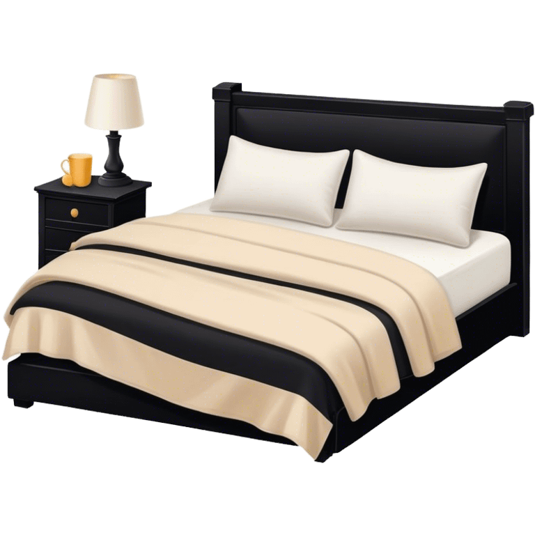 Black bed with pillows and blankets, cozy vibe white and beige emoji