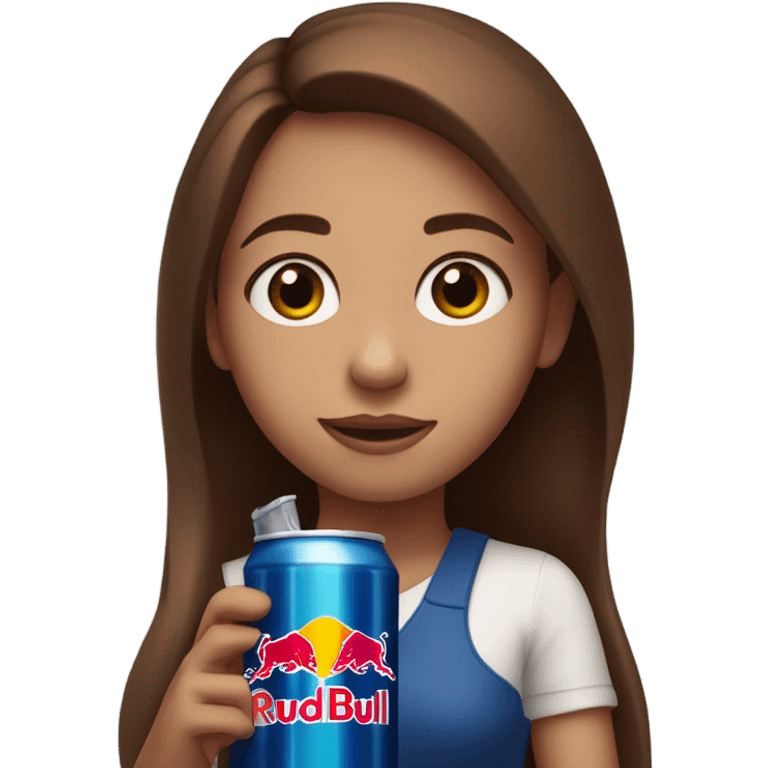 Girl with blue eyes and long brown hair holding a Red Bull drink while working emoji