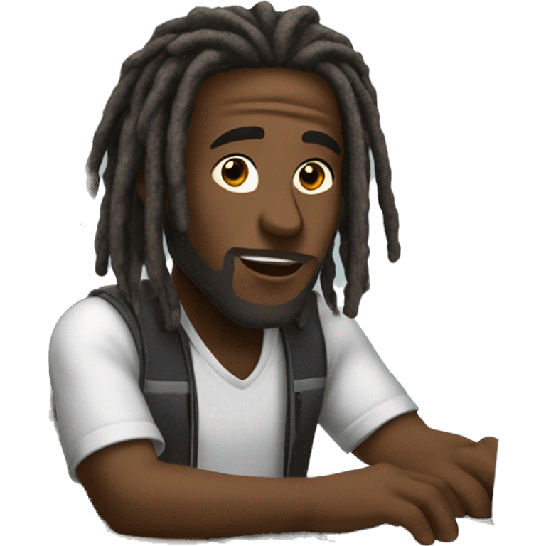 Black-guy-with-dreads-sitting-down-on-chair-facing-desk-foward-focused-on-laptop-computer emoji